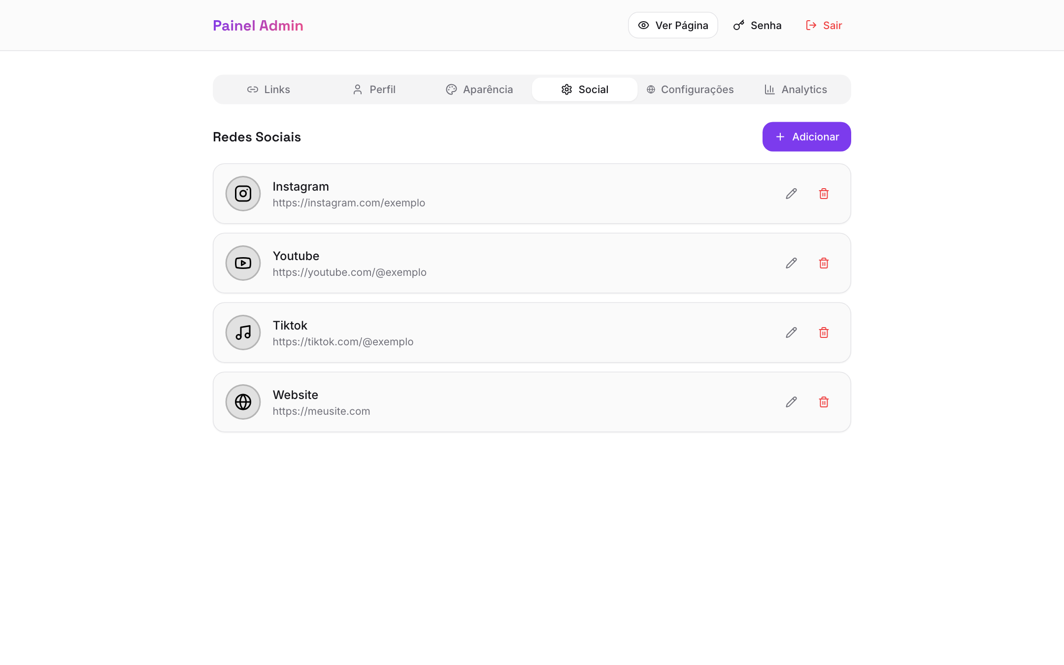Aba Social com lista de redes adicionadas e botão para adicionar mais