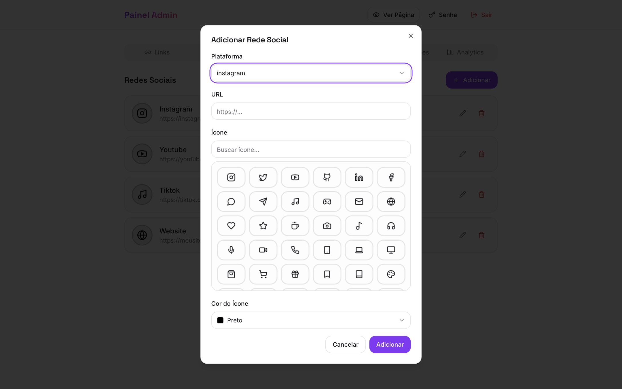 Modal de adicionar rede social com todas as opções