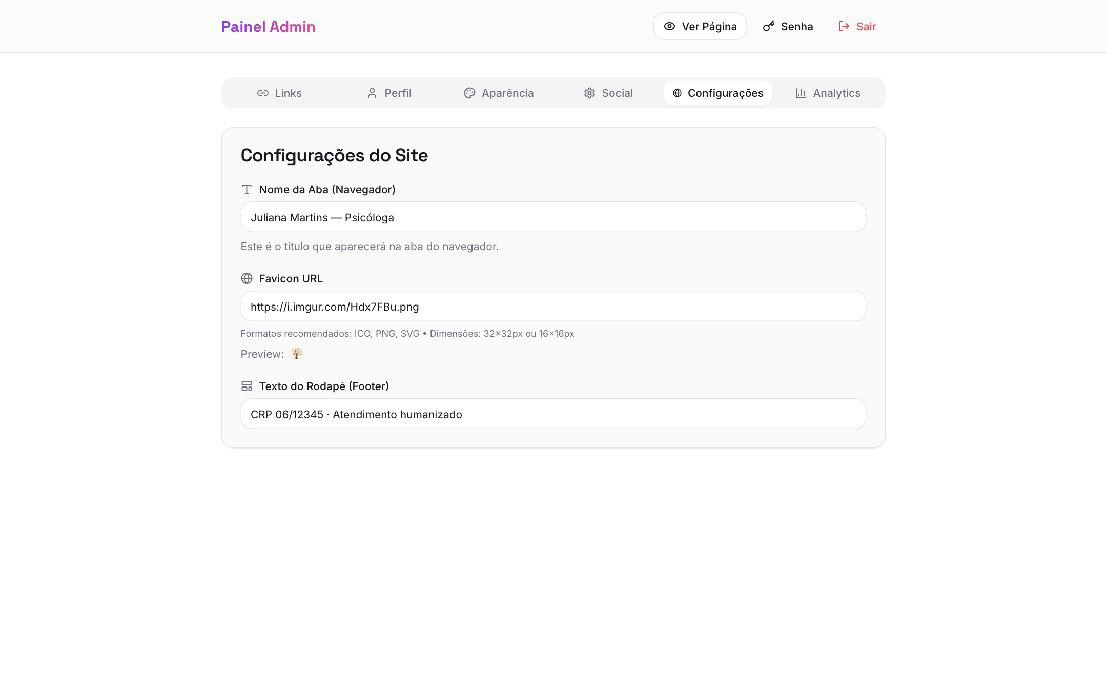 Aba Configurações com os campos de título da aba, favicon e rodapé